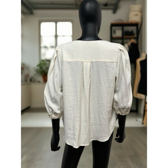 NWOT TRF ZARA Blouse Sz XSmall‎ Linen Blend Puff Sleeve Iridescent Shell Buttons - Picture 5 of 9